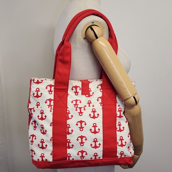 Unbranded Canvas Boat Tote Red Anchor Print Snap Closure Pockets/Change Purse - Picture 3 of 13